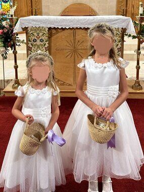 TWO FLOWER GIRL DRESSES AND TWO JACKETS, SIZE 4-5 and SIZE 7-8